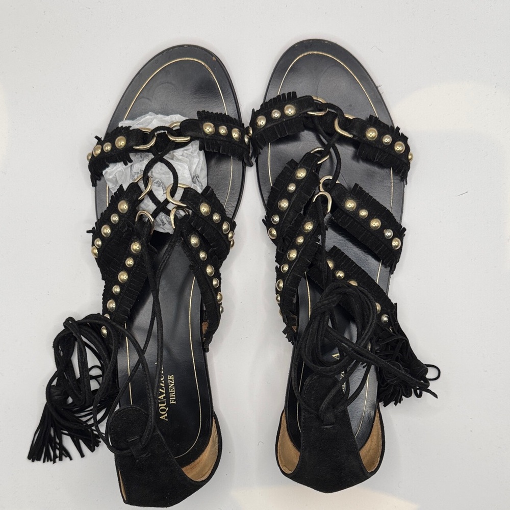 Aquazzura Black and Gold Studded Fringe Sandals
